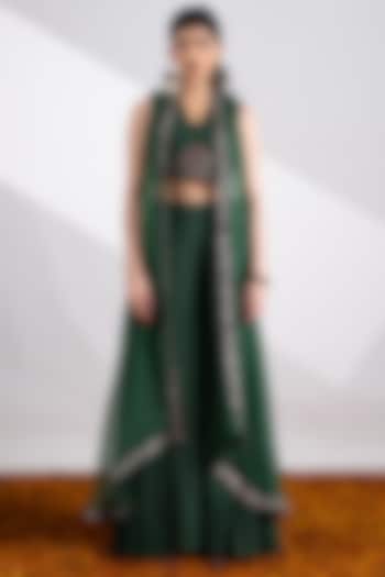 Bottle Green Embroidered Cape Set by Siyona By Ankurita