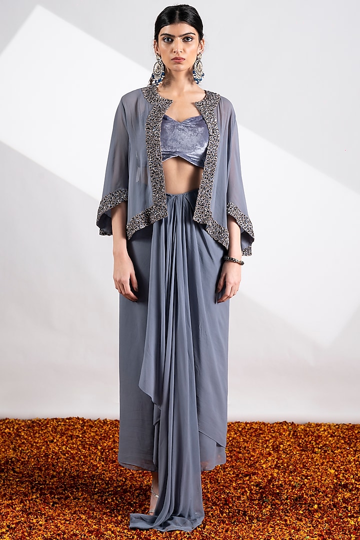 Light Grey Georgette Cape Set by Siyona By Ankurita