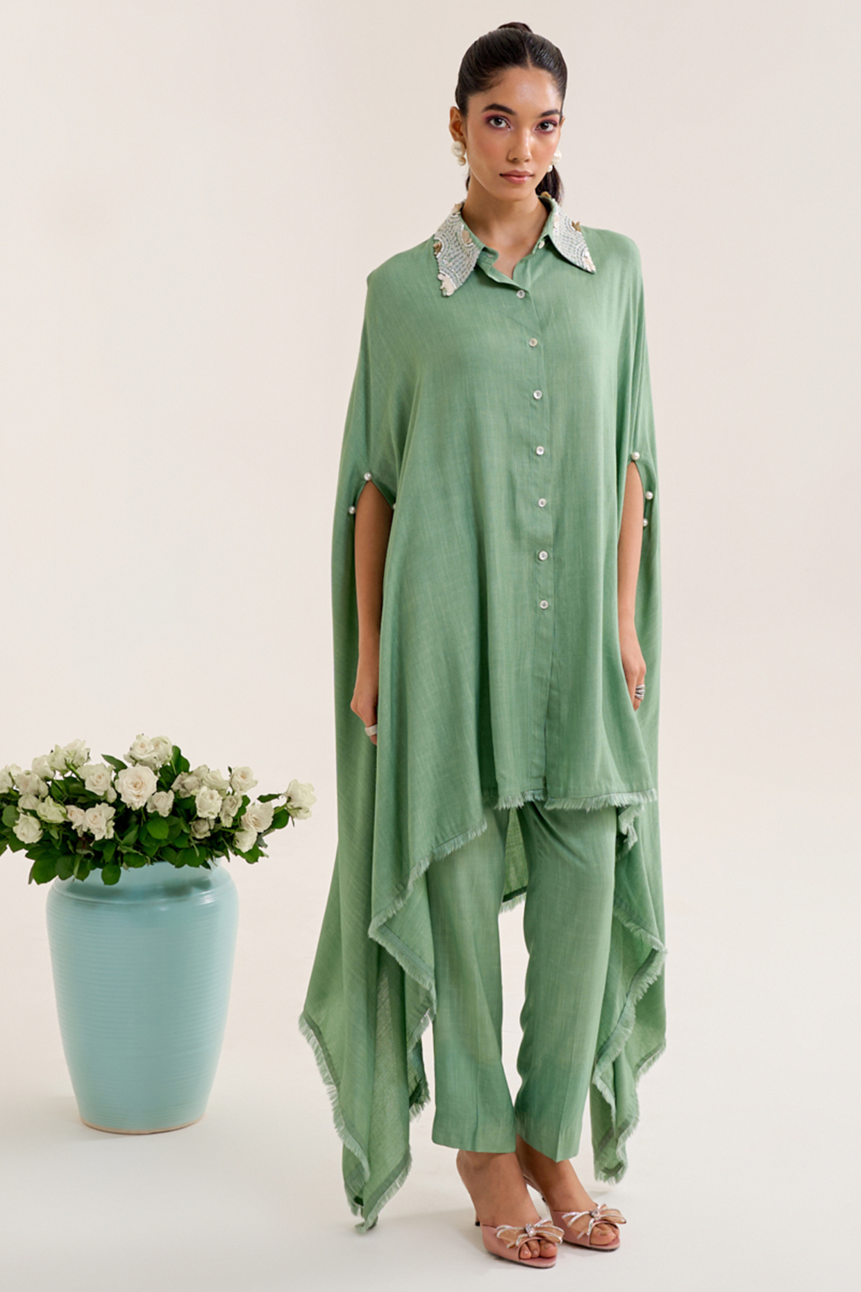 Green Cotton Slub Embellished Asymmetric Kurta Set by Siyona By Ankurita at Pernia's Pop Up Shop
