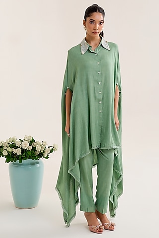 Green Cotton Slub Embellished Asymmetric Kurta Set by Siyona By Ankurita