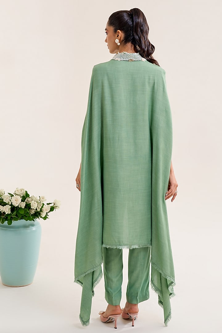 Green Cotton Slub Embellished Asymmetric Kurta Set by Siyona By Ankurita at Pernia's Pop Up Shop