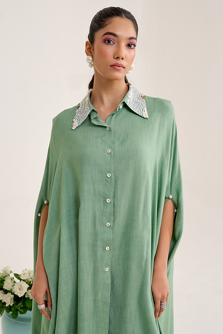 Green Cotton Slub Embellished Asymmetric Kurta Set by Siyona By Ankurita at Pernia's Pop Up Shop