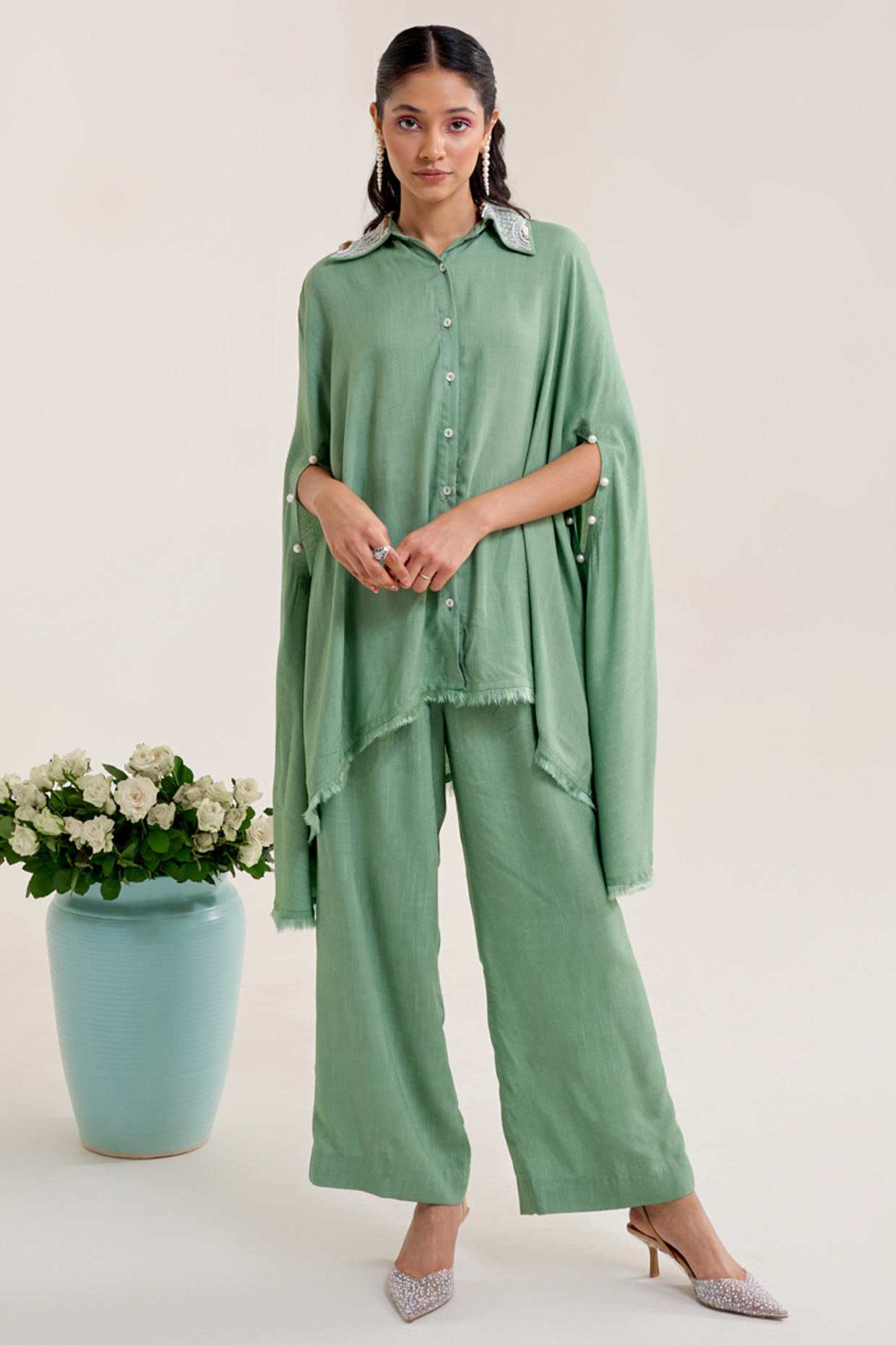 Green Cotton Slub Embellished Asymmetric Co-Ord Set by Siyona By Ankurita at Pernia's Pop Up Shop