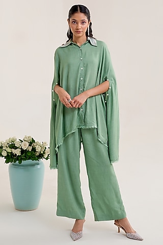 Green Cotton Slub Embellished Asymmetric Co-Ord Set by Siyona By Ankurita