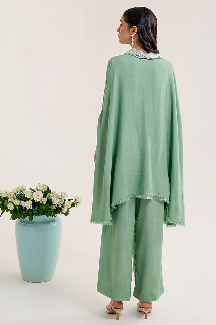 Green Cotton Slub Embellished Asymmetric Co-Ord Set by Siyona By Ankurita at Pernia's Pop Up Shop