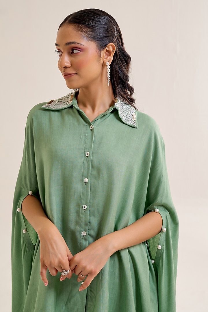 Green Cotton Slub Embellished Asymmetric Co-Ord Set by Siyona By Ankurita at Pernia's Pop Up Shop