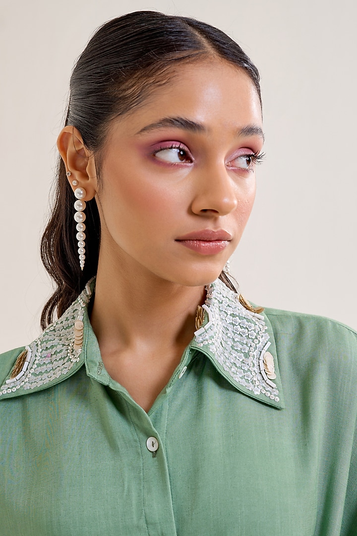 Green Cotton Slub Embellished Asymmetric Co-Ord Set by Siyona By Ankurita at Pernia's Pop Up Shop