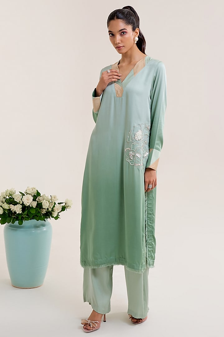 Green Ombre Satin Floral Hand Embellished Kurta Set by Siyona By Ankurita at Pernia's Pop Up Shop