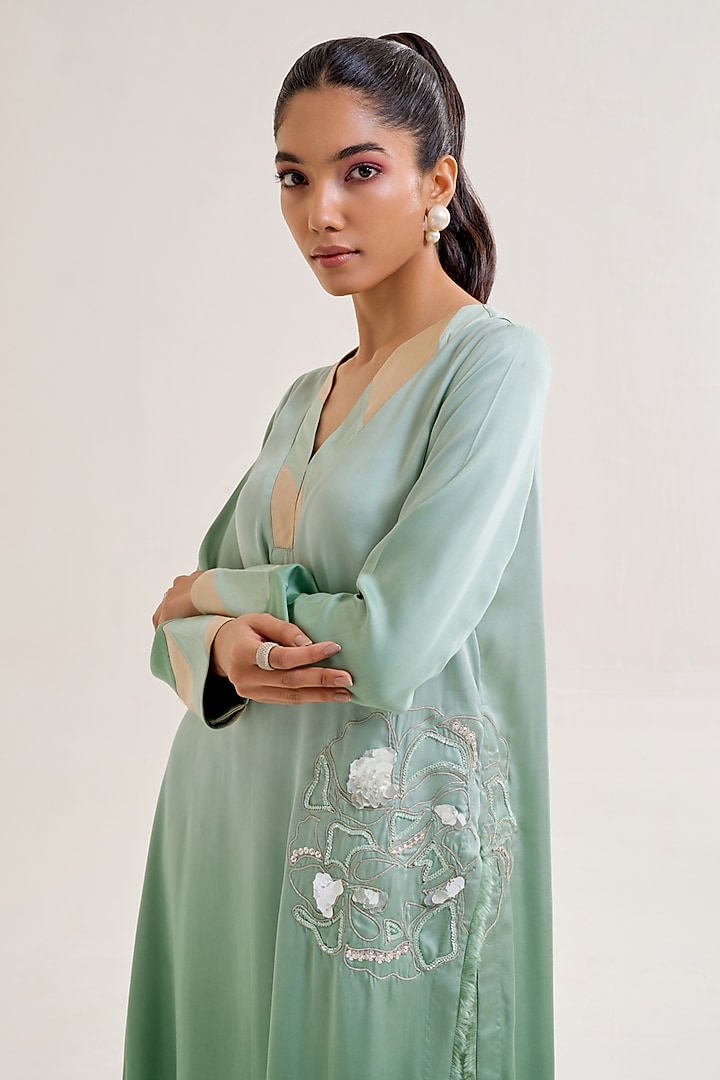 Green Ombre Satin Floral Hand Embellished Kurta Set by Siyona By Ankurita at Pernia's Pop Up Shop