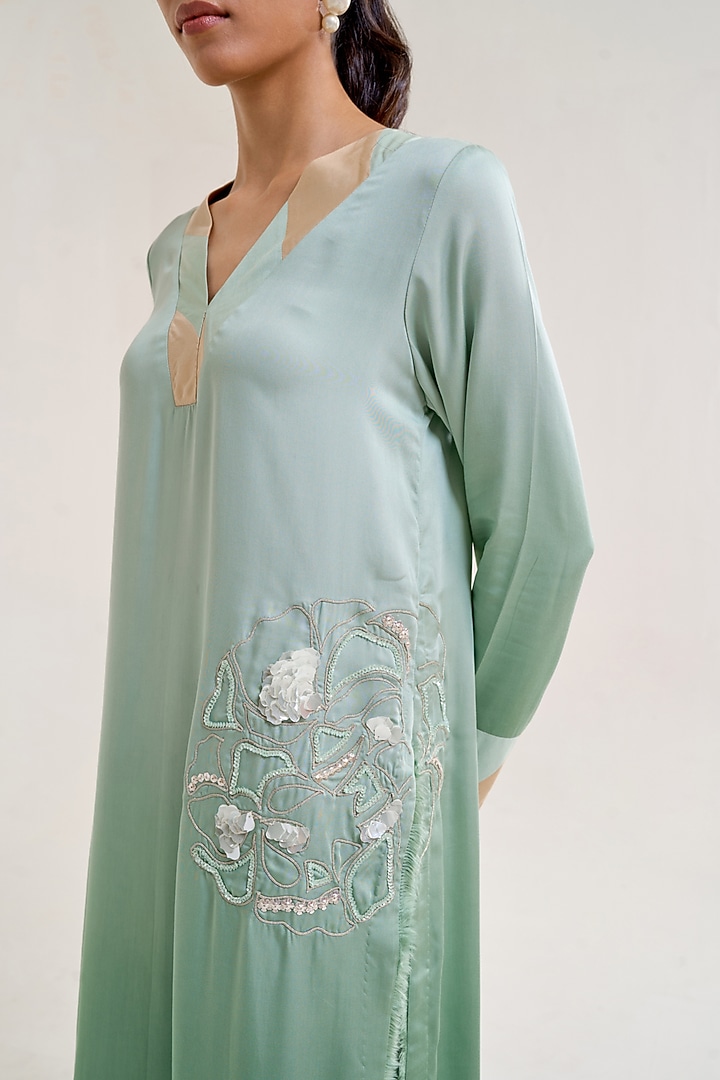 Green Ombre Satin Floral Hand Embellished Kurta Set by Siyona By Ankurita at Pernia's Pop Up Shop