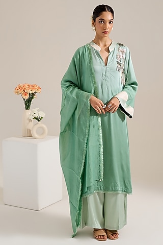 Green Ombre Satin Hand Embellished Kurta Set by Siyona By Ankurita