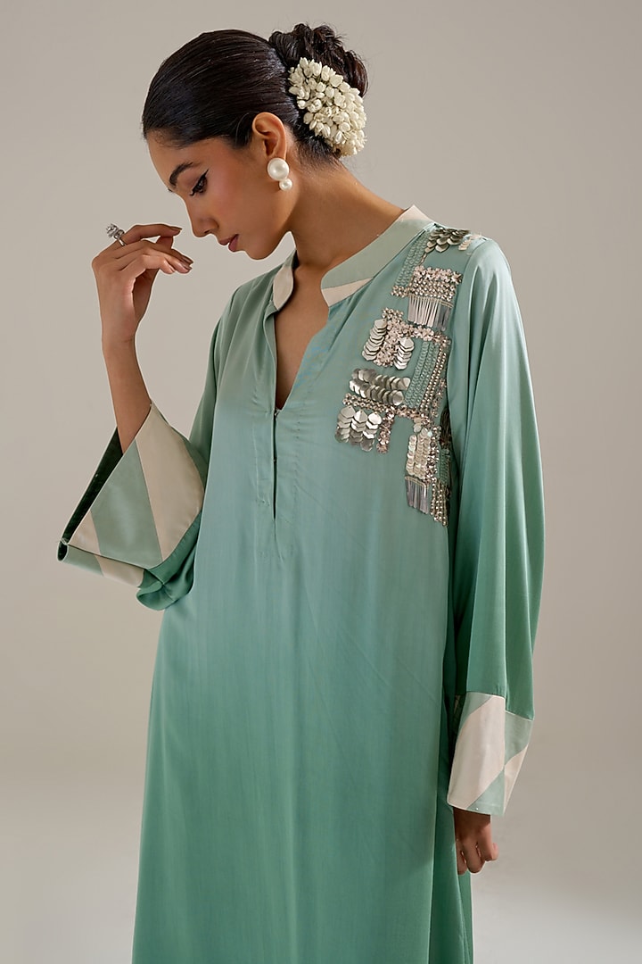 Green Ombre Satin Hand Embellished Kurta Set by Siyona By Ankurita at Pernia's Pop Up Shop
