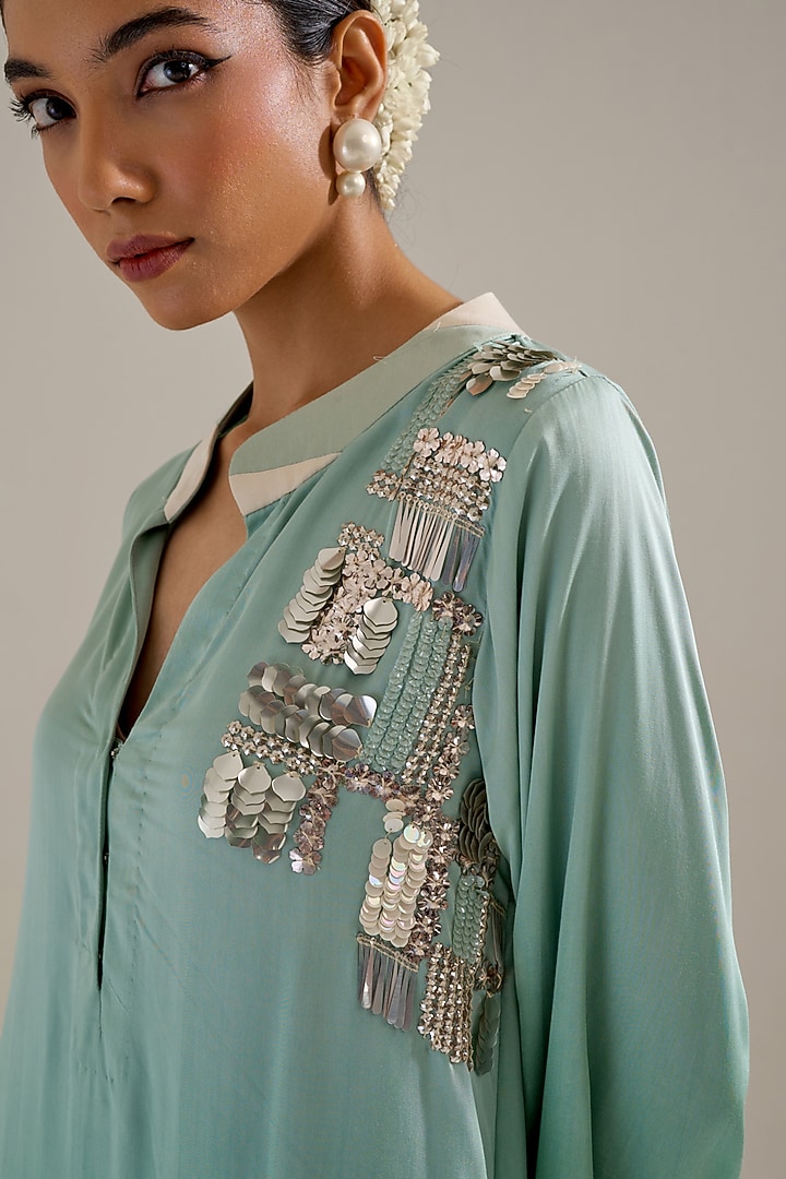Green Ombre Satin Hand Embellished Kurta Set by Siyona By Ankurita at Pernia's Pop Up Shop