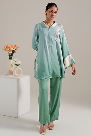 Green Ombre Satin Motif Hand Embellished Co-Ord Set by Siyona By Ankurita