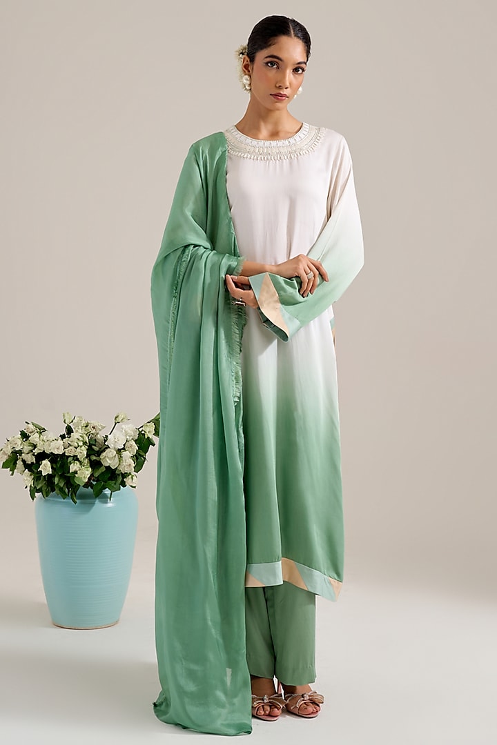 Green & Ivory Ombre Satin Hand Embellished Kurta Set by Siyona By Ankurita at Pernia's Pop Up Shop