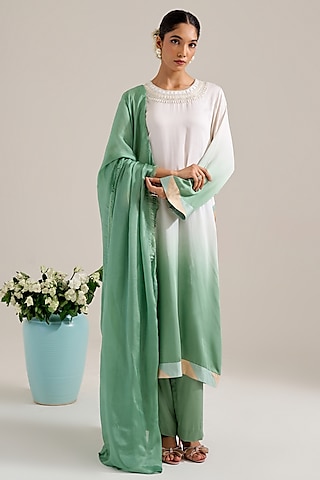 Green & Ivory Ombre Satin Hand Embellished Kurta Set by Siyona By Ankurita
