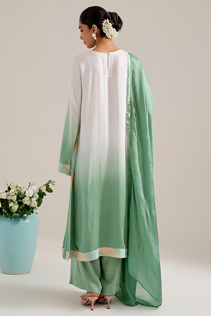 Green & Ivory Ombre Satin Hand Embellished Kurta Set by Siyona By Ankurita at Pernia's Pop Up Shop