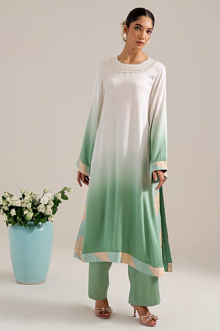 Green & Ivory Ombre Satin Hand Embellished Kurta Set by Siyona By Ankurita at Pernia's Pop Up Shop
