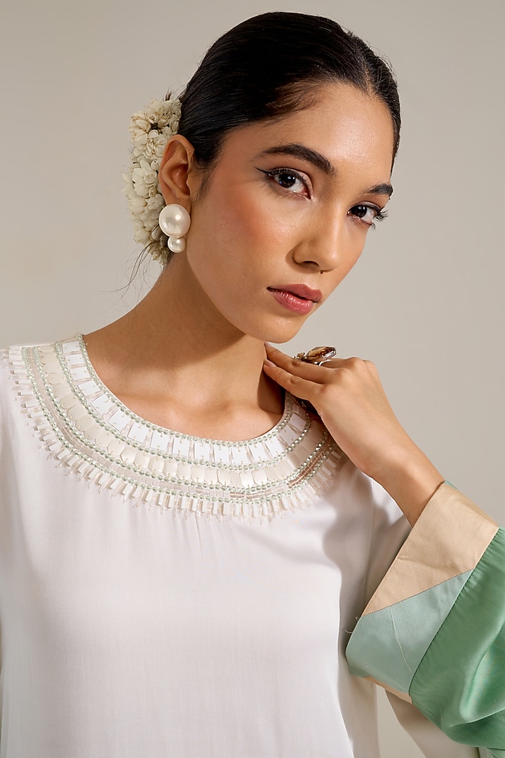 Green & Ivory Ombre Satin Hand Embellished Kurta Set by Siyona By Ankurita at Pernia's Pop Up Shop