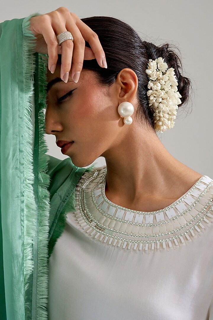 Green & Ivory Ombre Satin Hand Embellished Kurta Set by Siyona By Ankurita at Pernia's Pop Up Shop