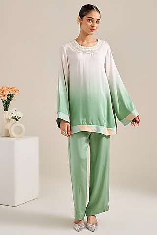 Green & Ivory Ombre Satin Hand Embellished Co-Ord Set by Siyona By Ankurita