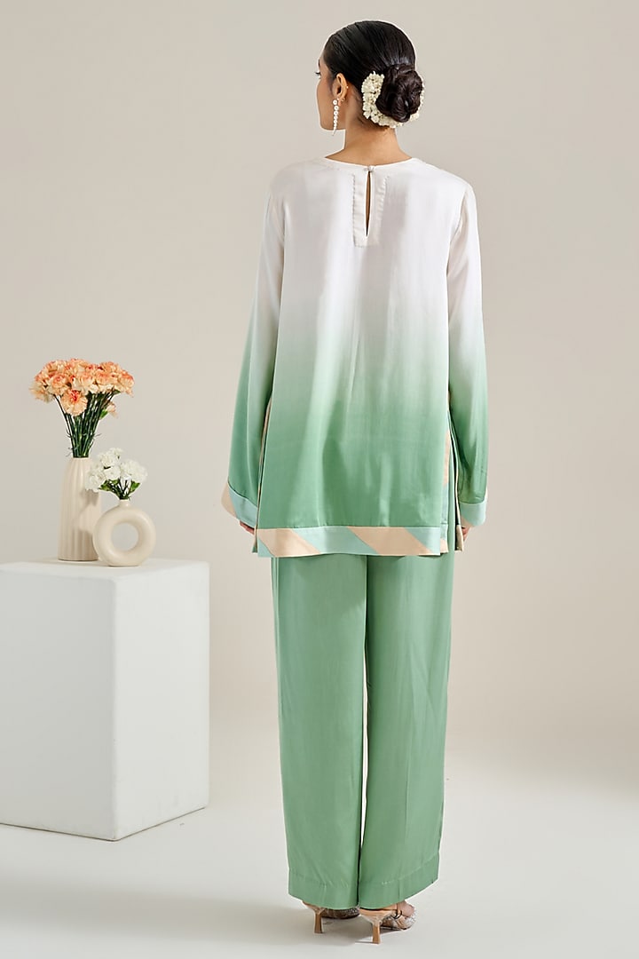 Green & Ivory Ombre Satin Hand Embellished Co-Ord Set by Siyona By Ankurita at Pernia's Pop Up Shop