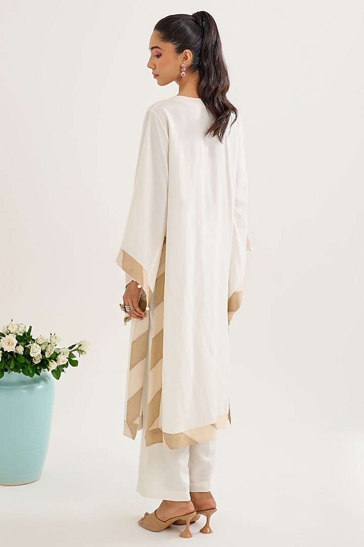 Ivory Linen Motif Hand Embellished Kurta Set by Siyona By Ankurita at Pernia's Pop Up Shop