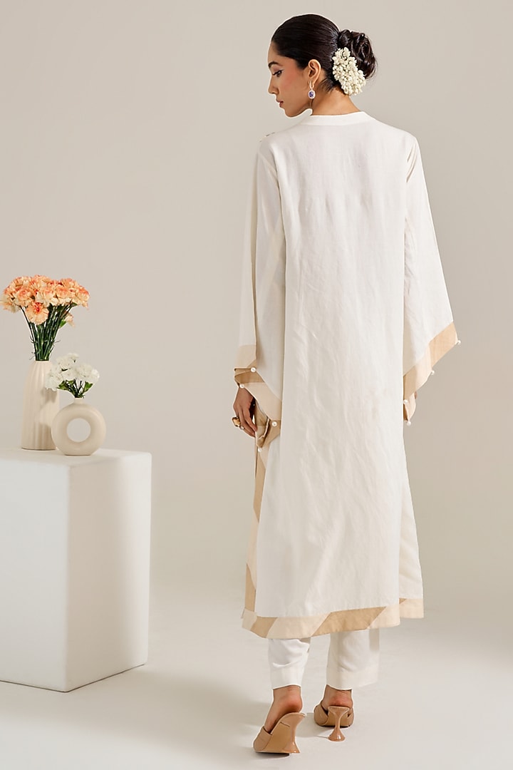 Ivory Linen Motif Hand Embellished Kurta Set by Siyona By Ankurita at Pernia's Pop Up Shop