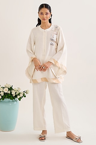 Ivory Linen Motif Hand Embellished Co-Ord Set by Siyona By Ankurita