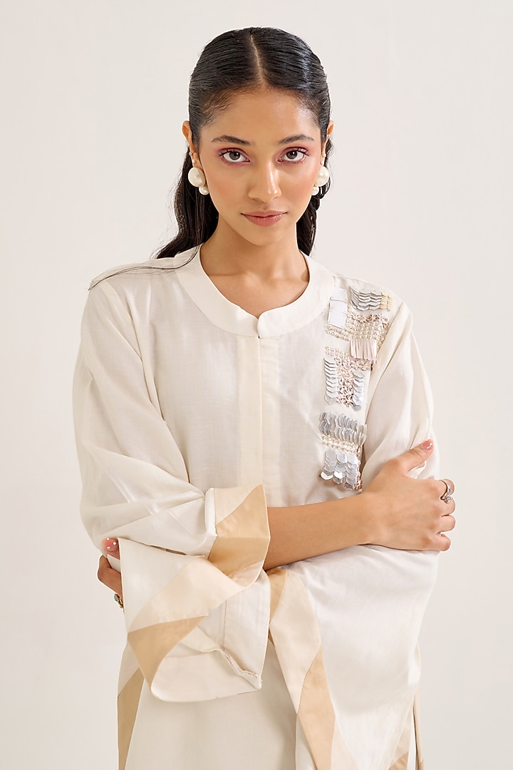 Ivory Linen Motif Hand Embellished Co-Ord Set by Siyona By Ankurita at Pernia's Pop Up Shop