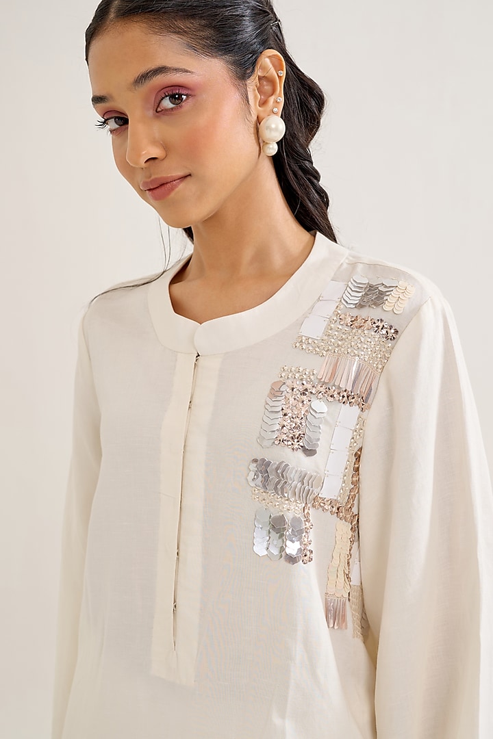 Ivory Linen Motif Hand Embellished Co-Ord Set by Siyona By Ankurita at Pernia's Pop Up Shop
