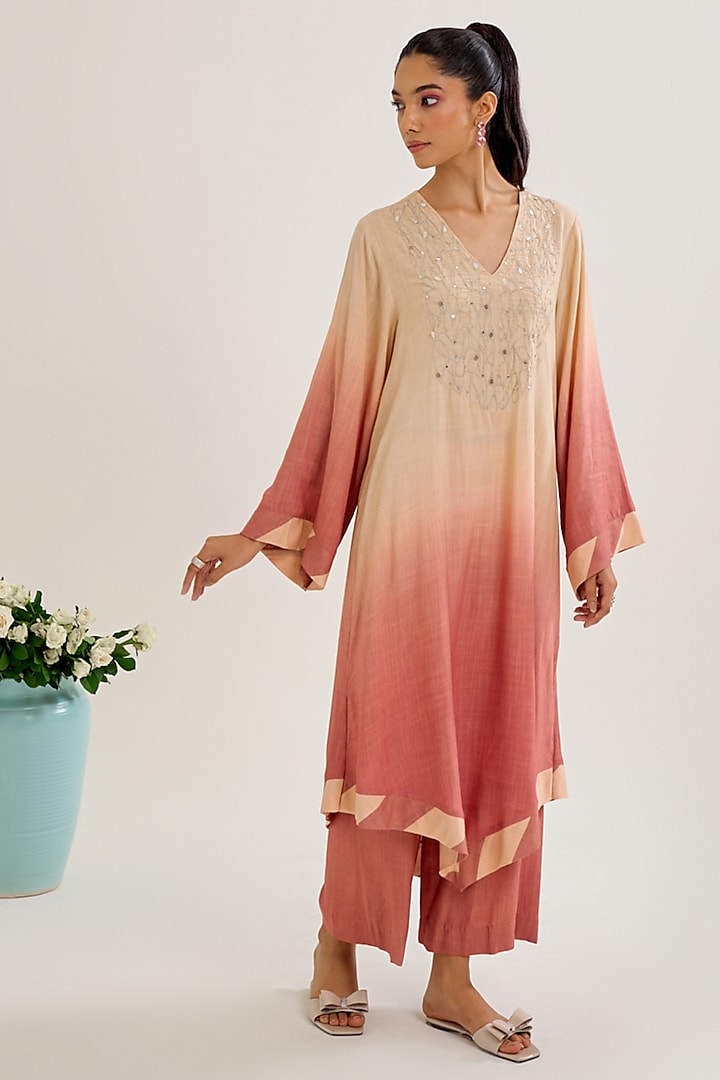 Salmon Ombre Cotton Slub Sequin Embroidered Kurta Set by Siyona By Ankurita at Pernia's Pop Up Shop