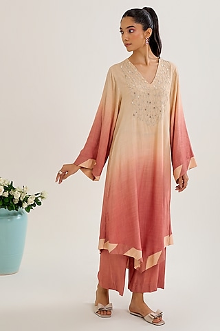 Salmon Ombre Cotton Slub Sequin Embroidered Kurta Set by Siyona By Ankurita