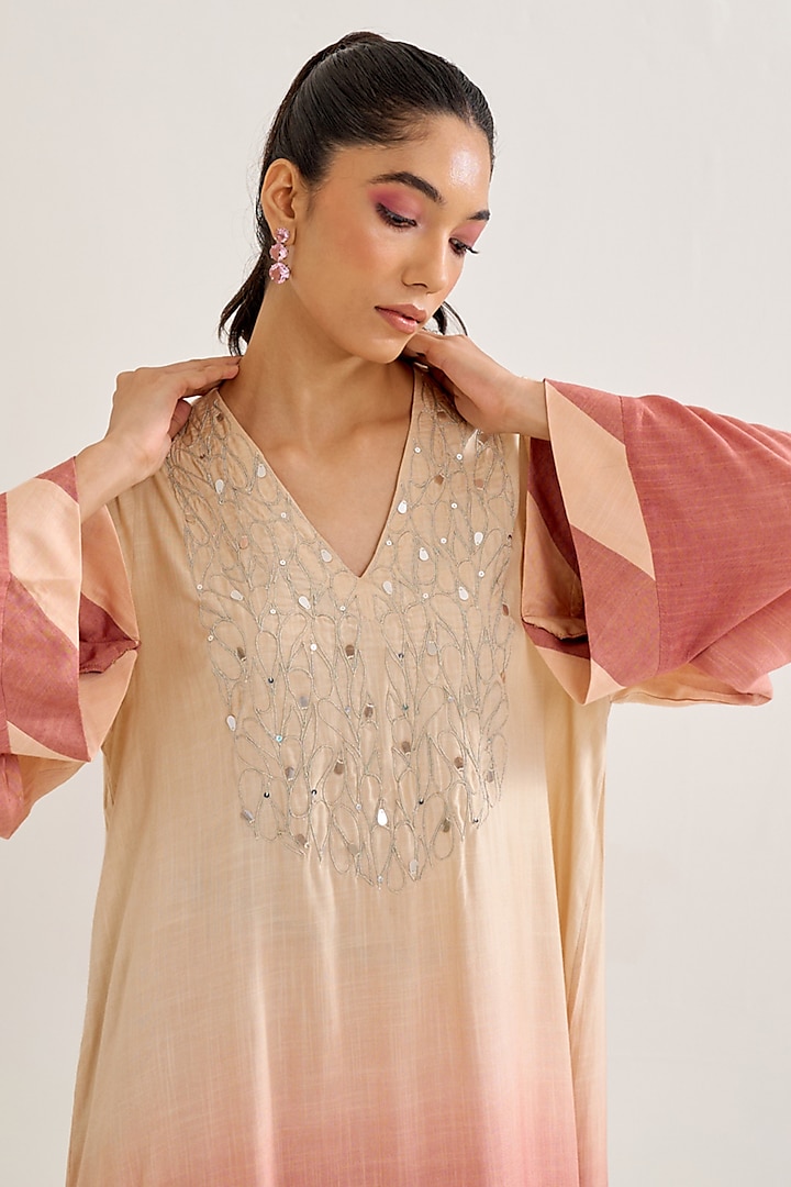 Salmon Ombre Cotton Slub Sequin Embroidered Kurta Set by Siyona By Ankurita at Pernia's Pop Up Shop