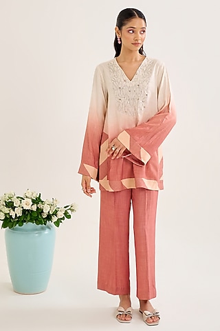 Salmon Ombre Cotton Slub Sequin Embroidered Co-Ord Set by Siyona By Ankurita