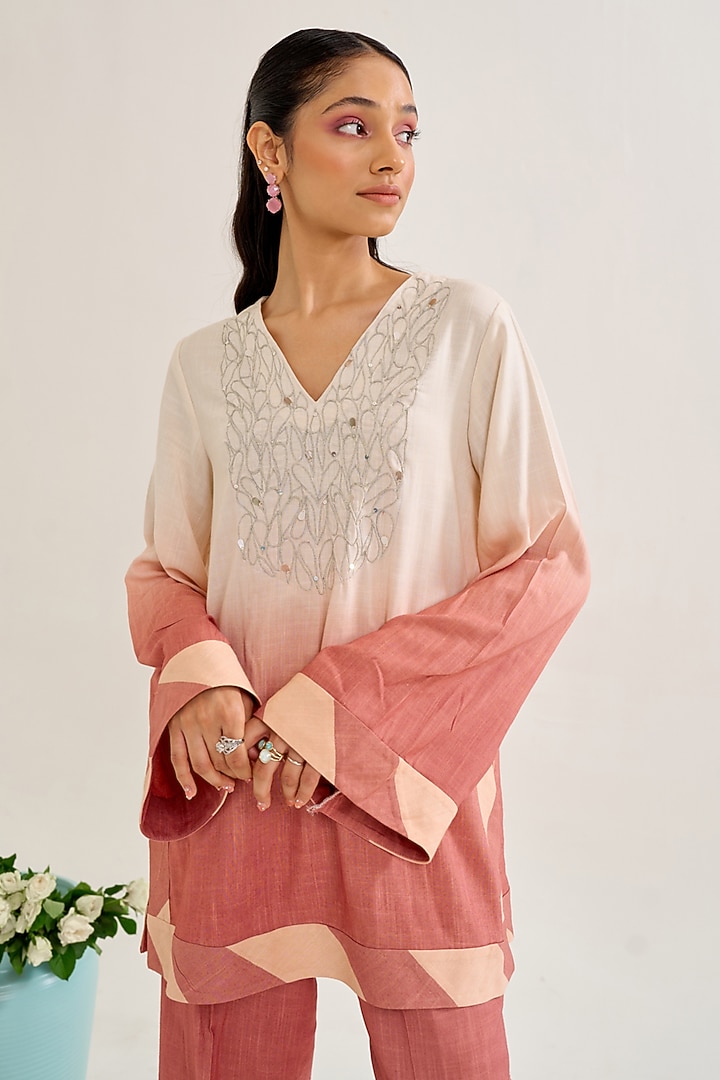 Salmon Ombre Cotton Slub Sequin Embroidered Co-Ord Set by Siyona By Ankurita at Pernia's Pop Up Shop