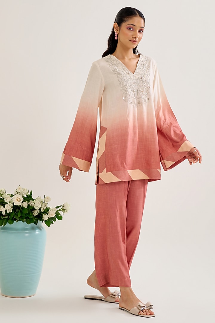 Salmon Ombre Cotton Slub Sequin Embroidered Co-Ord Set by Siyona By Ankurita at Pernia's Pop Up Shop