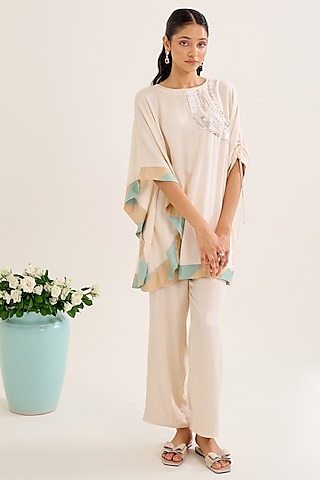 Ivory Satin Hand Embellished Co-Ord Set by Siyona By Ankurita