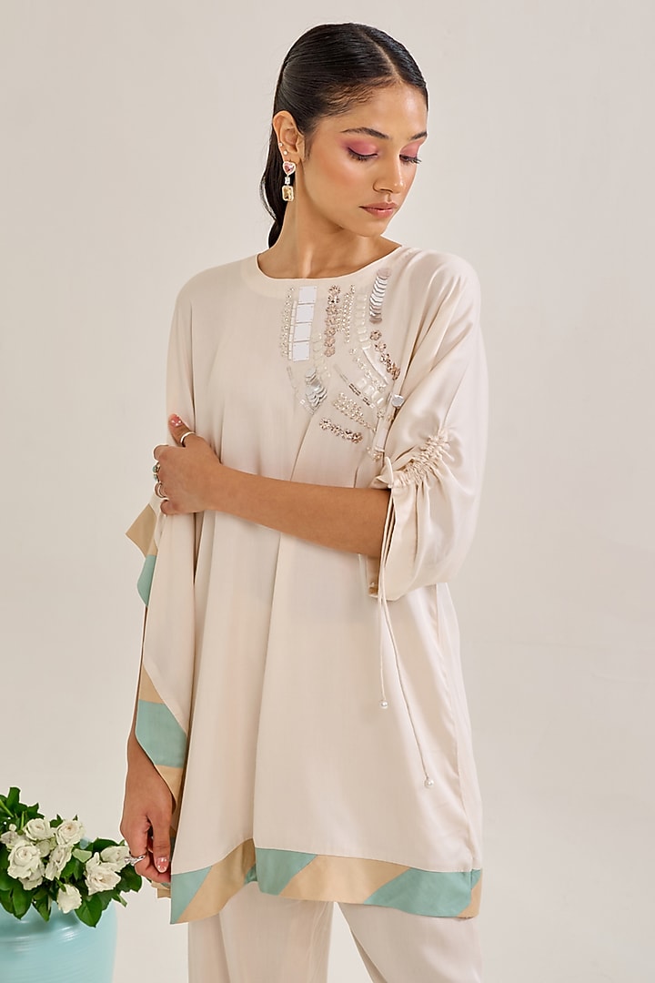 Ivory Satin Hand Embellished Co-Ord Set by Siyona By Ankurita at Pernia's Pop Up Shop