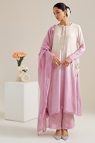 Lilac Ombre Cotton Slub Hand Embellished Kurta Set by Siyona By Ankurita