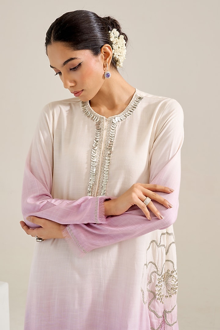 Lilac Ombre Cotton Slub Hand Embellished Kurta Set by Siyona By Ankurita at Pernia's Pop Up Shop