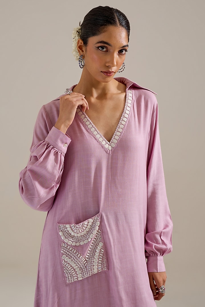 Lilac Ombre Cotton Slub Hand Embellished Asymmetric Kurta Set by Siyona By Ankurita at Pernia's Pop Up Shop