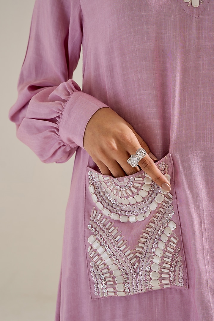 Lilac Ombre Cotton Slub Hand Embellished Asymmetric Kurta Set by Siyona By Ankurita at Pernia's Pop Up Shop