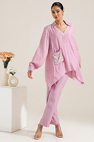 Lilac Ombre Cotton Slub Hand Embellished Asymmetric Co-Ord Set by Siyona By Ankurita