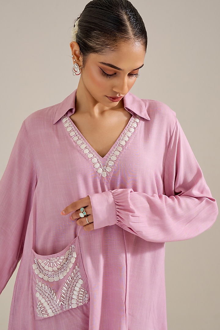 Lilac Ombre Cotton Slub Hand Embellished Asymmetric Co-Ord Set by Siyona By Ankurita at Pernia's Pop Up Shop