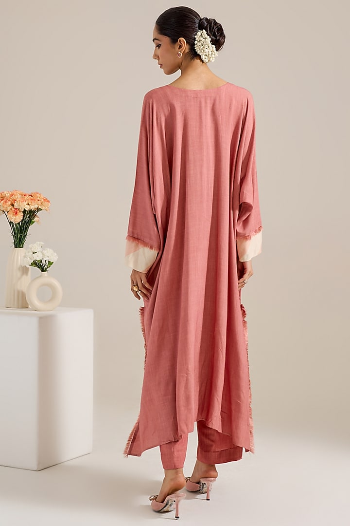 Salmon Cotton Slub Hand & Machine Embellished Kurta Set by Siyona By Ankurita at Pernia's Pop Up Shop