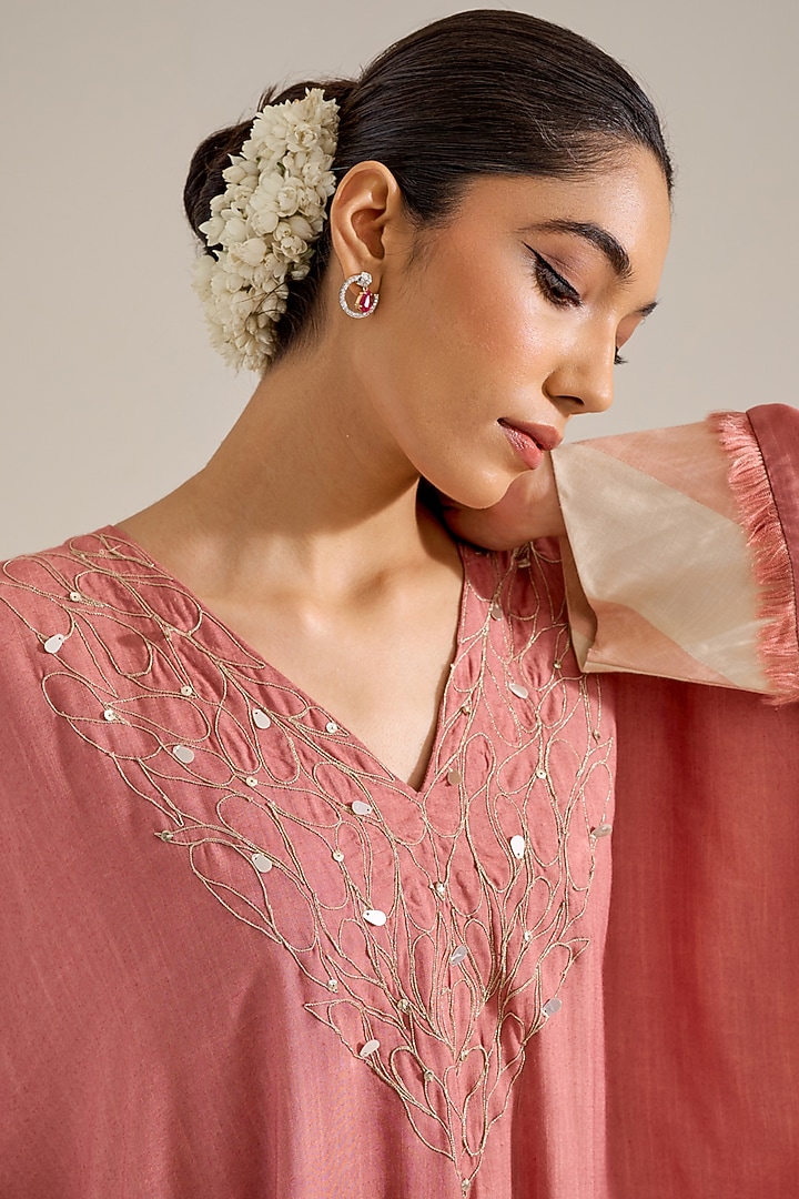 Salmon Cotton Slub Hand & Machine Embellished Kurta Set by Siyona By Ankurita at Pernia's Pop Up Shop