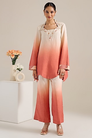 Salmon Ombre Linen Hand & Machine Embellished Co-Ord Set by Siyona By Ankurita