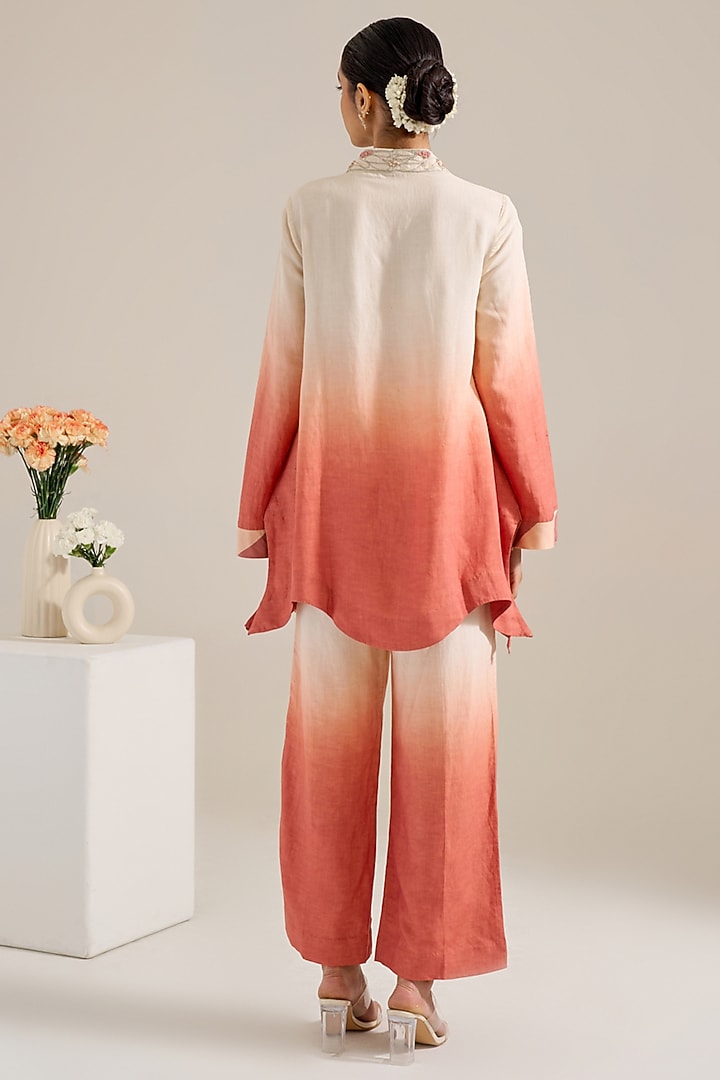 Salmon Ombre Linen Hand & Machine Embellished Co-Ord Set by Siyona By Ankurita at Pernia's Pop Up Shop