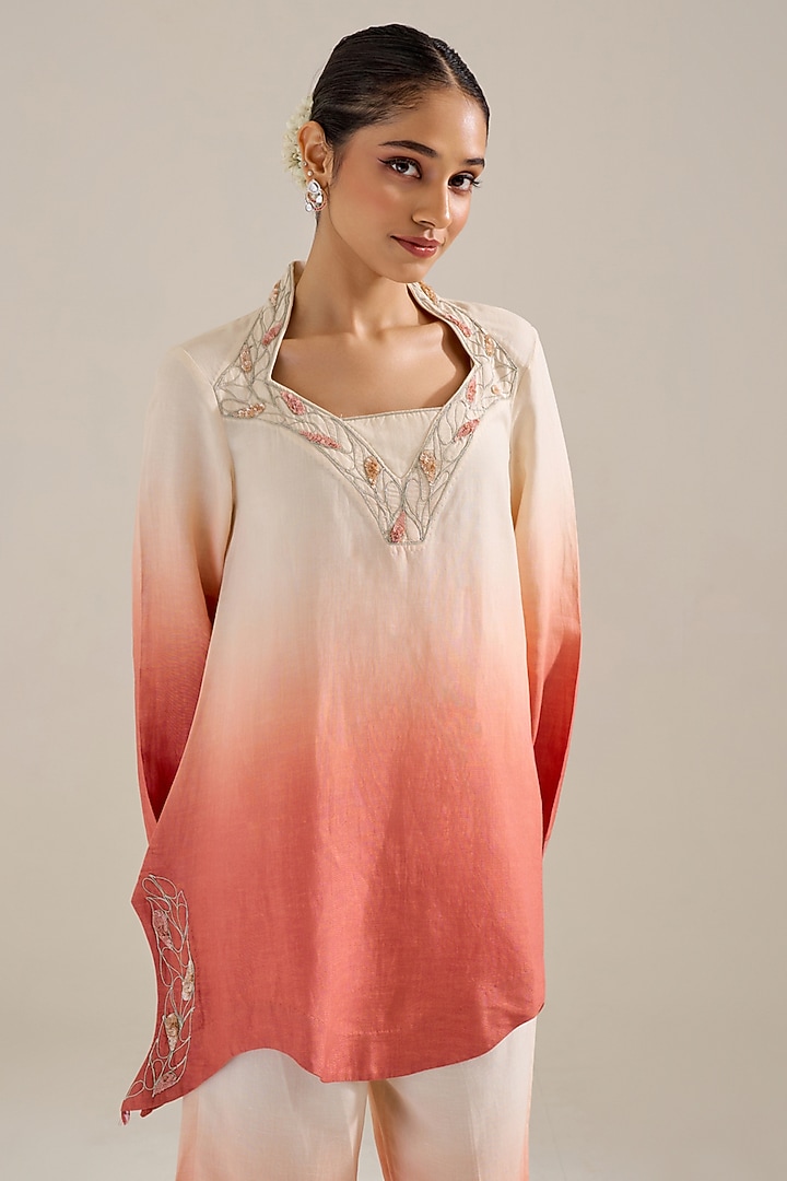 Salmon Ombre Linen Hand & Machine Embellished Co-Ord Set by Siyona By Ankurita at Pernia's Pop Up Shop